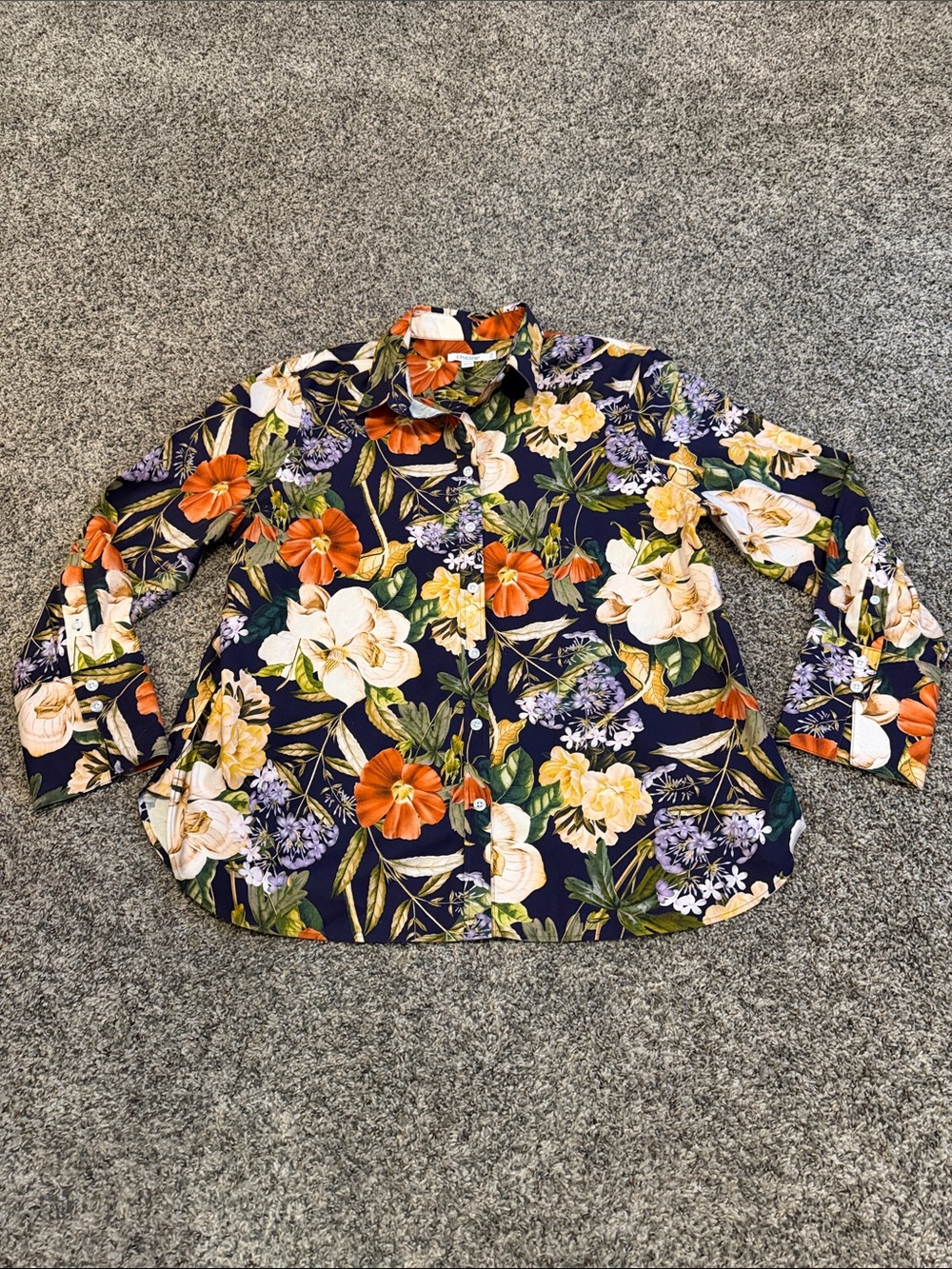 Chico's Navy Botanical Floral Button-Down Shirt Size 14 Large